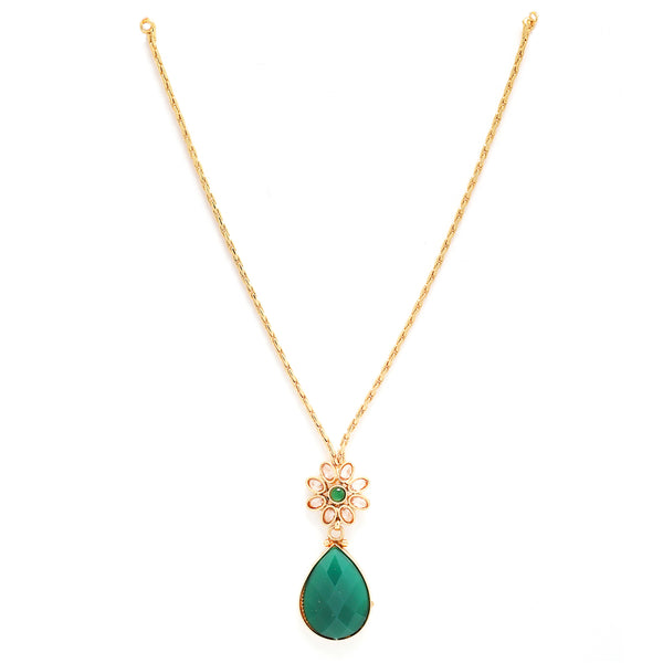 Gold-Plated Green & Off-White CZ-Studded Pendant With Chain