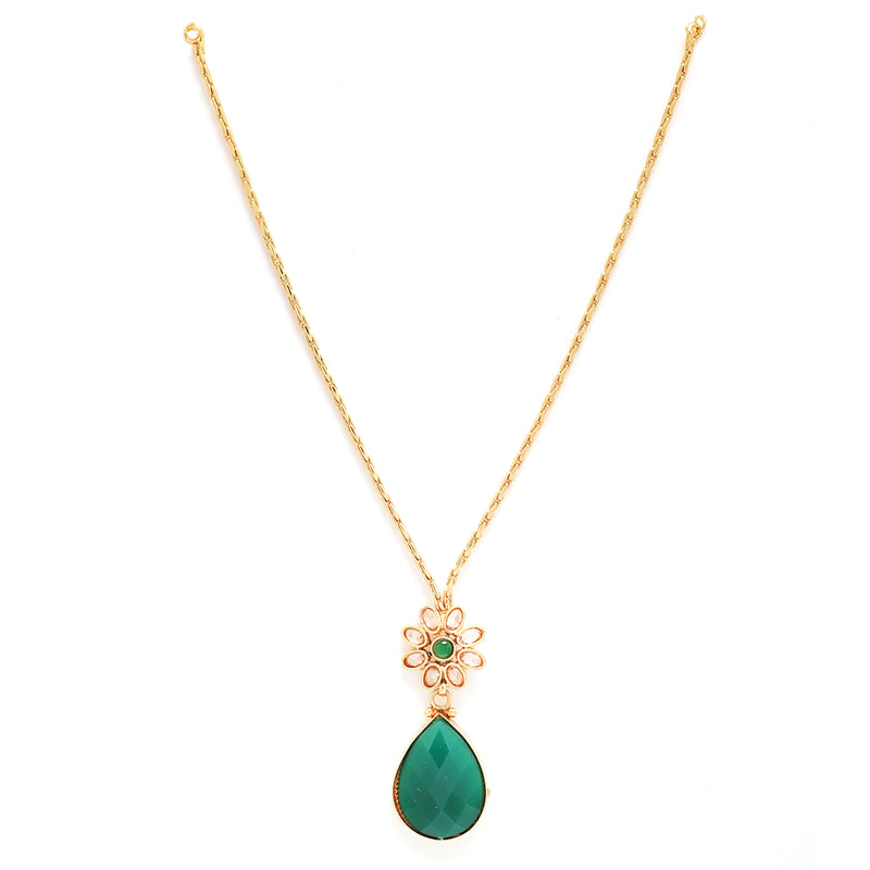 Gold-Plated Green & Off-White CZ-Studded Pendant With Chain