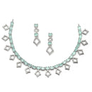 Rhodium-Plated Silver Toned Rectangle Sea Green American Diamond Studded Necklace Earrings Jewellery Set