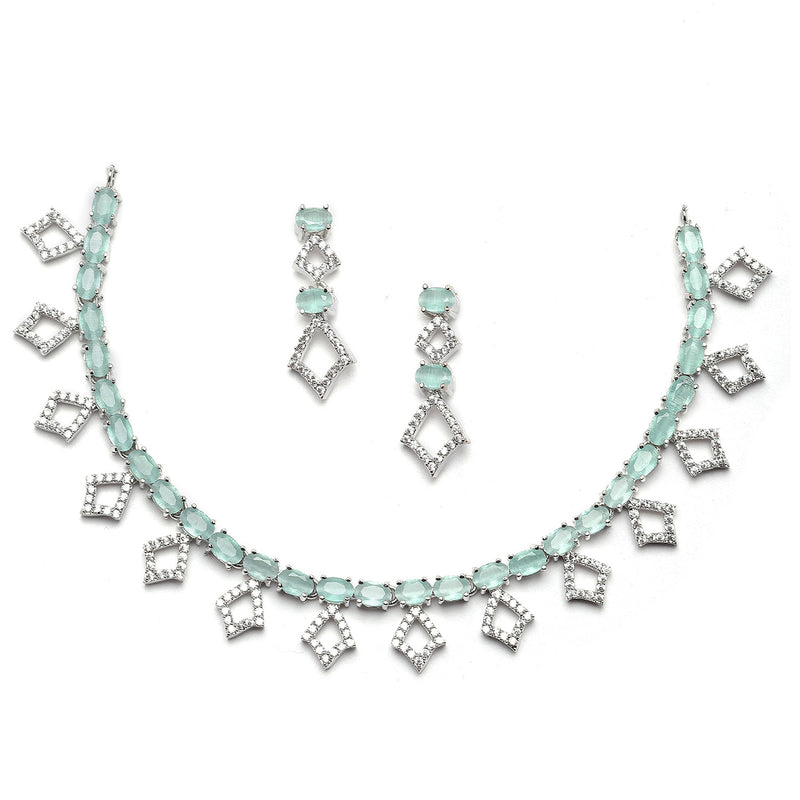 Rhodium-Plated Silver Toned Rectangle Sea Green American Diamond Studded Necklace Earrings Jewellery Set