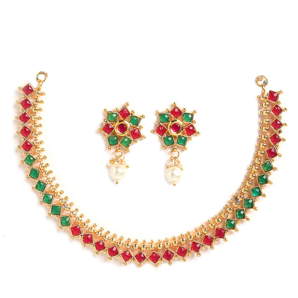 Traditional Style Red & Green Gold-Plated Choker Necklace and Earrings Set