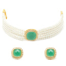 White Pearl Beaded with Green American Diamond Stone Gold-Plated Jewellery Set