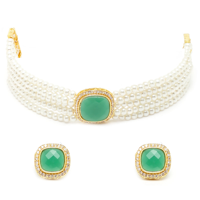 White Pearl Beaded with Green American Diamond Stone Gold-Plated Jewellery Set