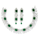 Rhodium-Plated with Silver-Toned Green and White American Diamond Studded Necklace and Earrings Jewellery Set