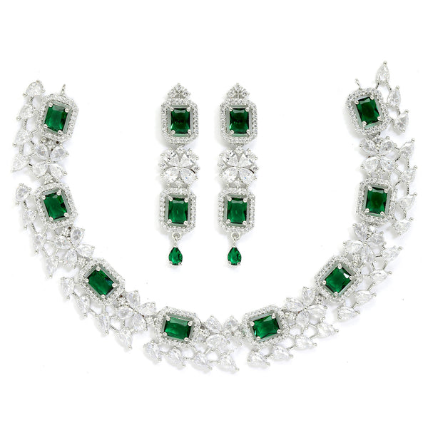 Rhodium-Plated with Silver-Toned Green and White American Diamond Studded Necklace and Earrings Jewellery Set