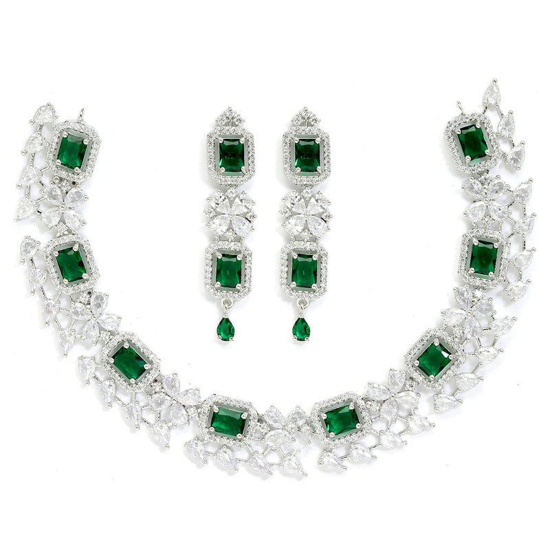 Rhodium-Plated with Silver-Toned Green and White American Diamond Studded Necklace and Earrings Jewellery Set