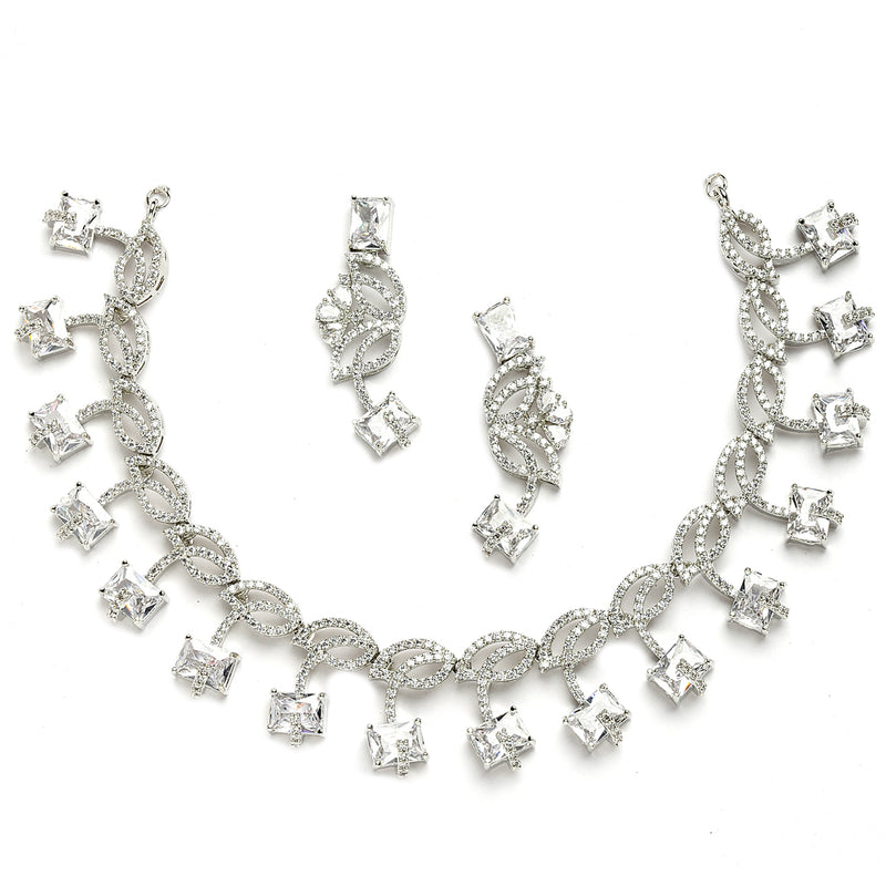 Rhodium-Plated with Silver-Toned Leaf Design White American Diamond Studded Jewellery Set