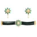 Antique Gold-Plated Green & White Beaded AD-Studded Jewellery Set