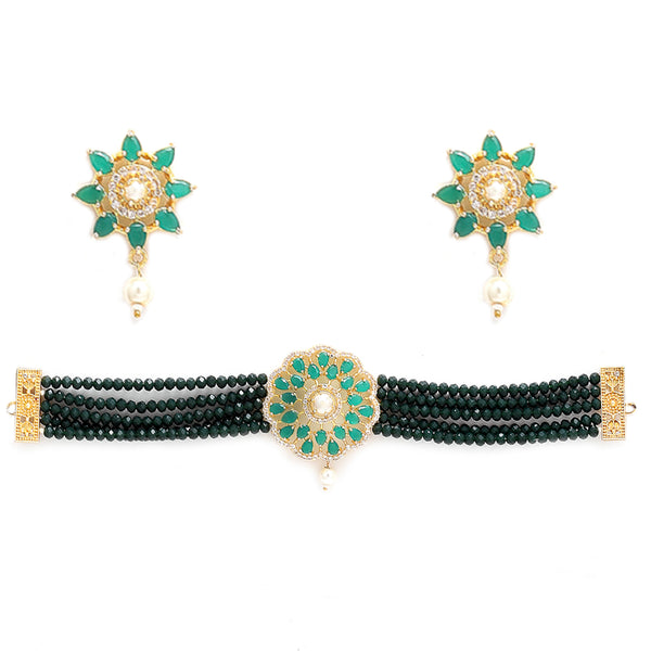 Antique Gold-Plated Green & White Beaded AD-Studded Jewellery Set