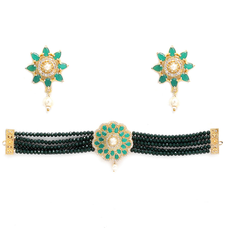 Antique Gold-Plated Green & White Beaded AD-Studded Jewellery Set