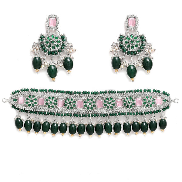 Rhodium-Plated with Silver-Tone Green & Pink Stone-Studded Traditional Choker