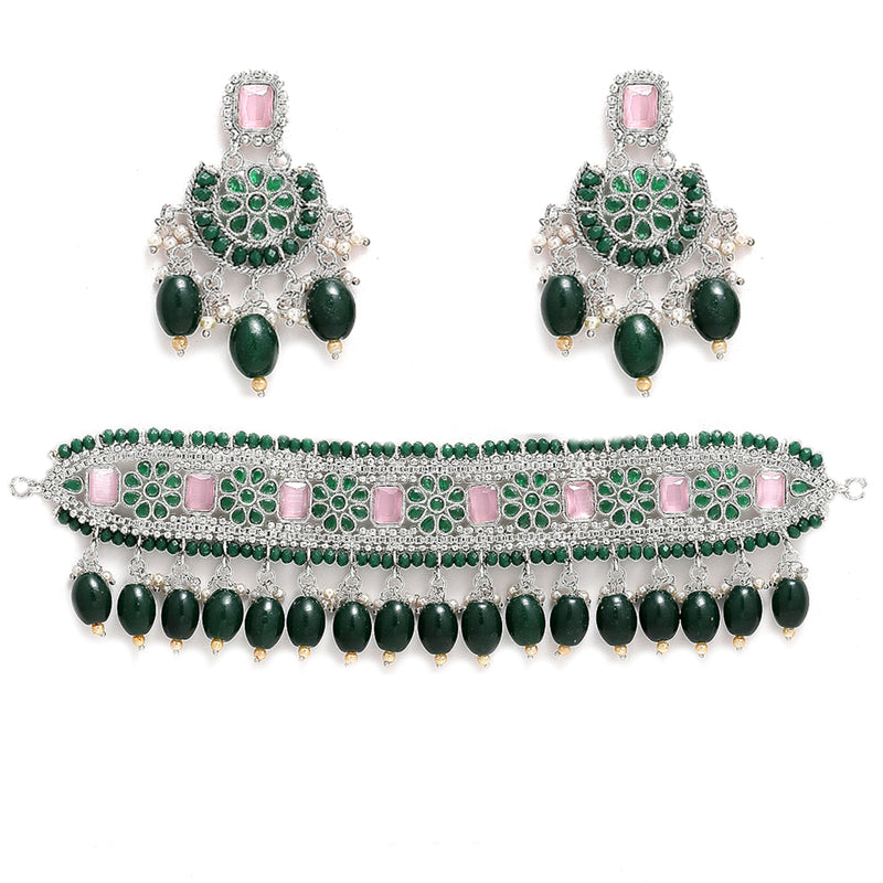 Rhodium-Plated with Silver-Tone Green & Pink Stone-Studded Traditional Choker