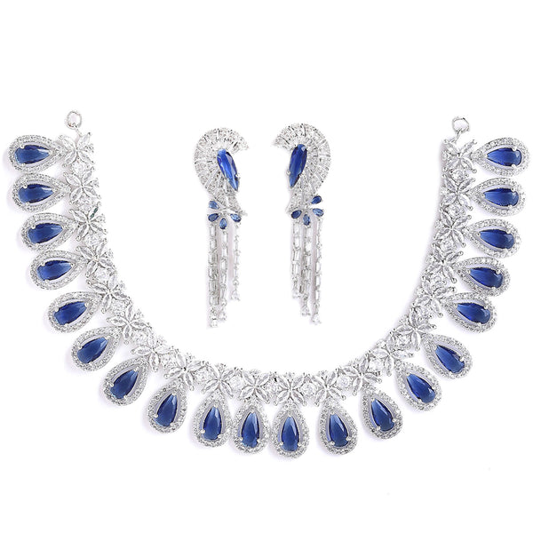 Rhodium-Plated with Silver-Tone Navy Blue American Diamond Studded Crescent Design Jewellery Set