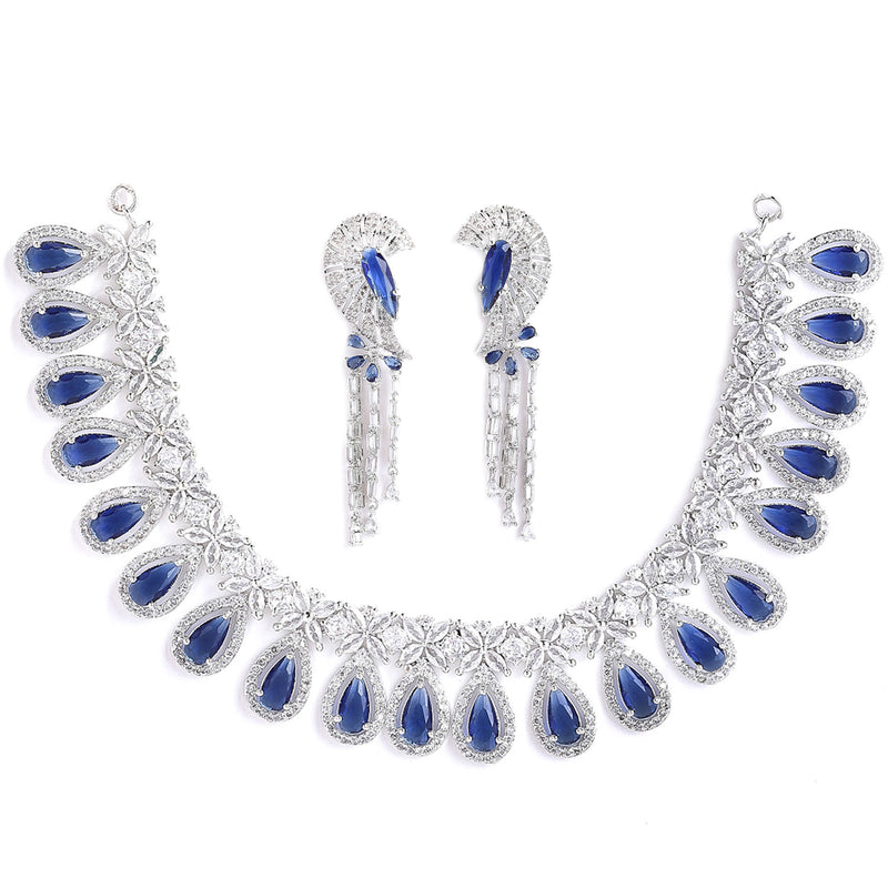 Rhodium-Plated with Silver-Tone Navy Blue American Diamond Studded Crescent Design Jewellery Set