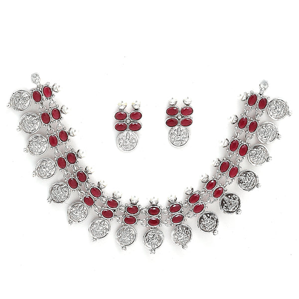 Temple Coin Rhodium-Plated with Silver-Tone Kundan-Studded Jewellery Set