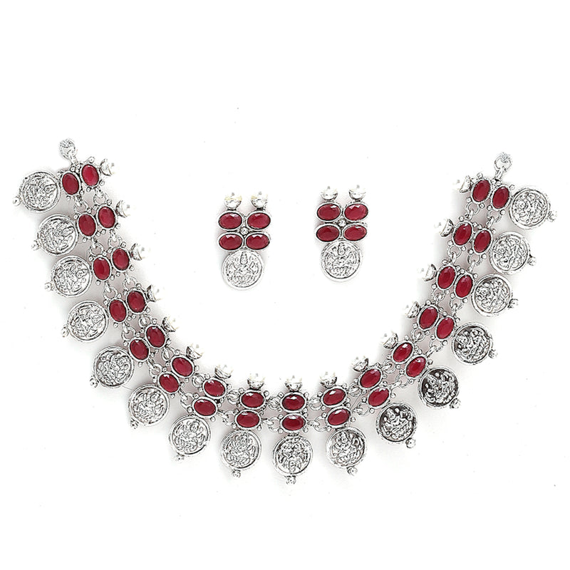 Temple Coin Rhodium-Plated with Silver-Tone Kundan-Studded Jewellery Set