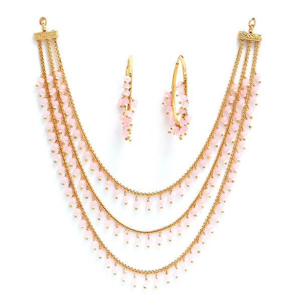 Gold-Plated Pink Pearl Drop 3 Intricate Layered Jewellery Set