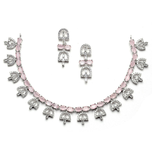 Rhodium-Plated Silver Toned Rectangle Pink American Diamond Studded Necklace Earrings Jewellery Set