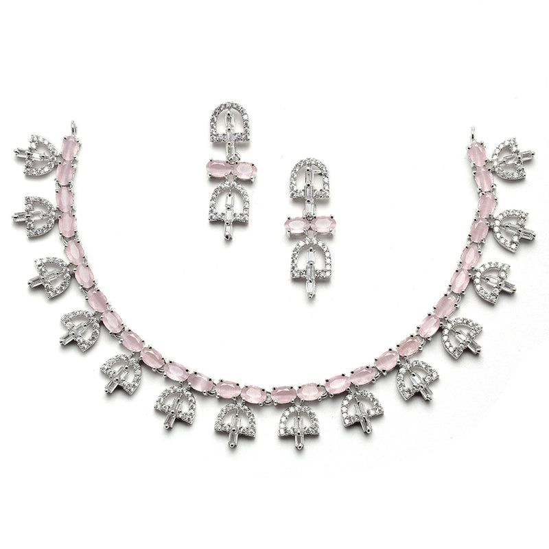 Rhodium-Plated Silver Toned Rectangle Pink American Diamond Studded Necklace Earrings Jewellery Set