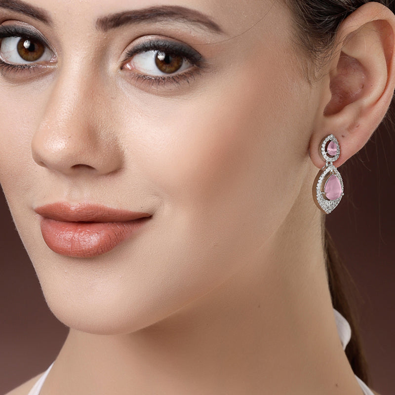 Rhodium Plated Silver Toned American Diamond Dual Teardrop Design Drop Earrings