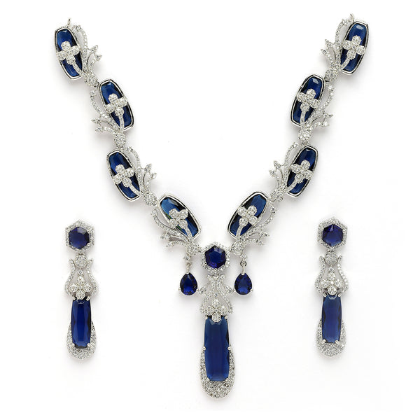 Rhodium Plated Silver Toned Royal Blue American Diamond Studded Necklace Set
