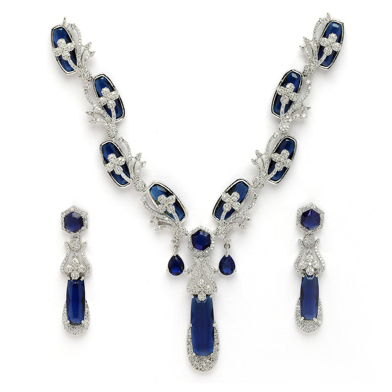 Rhodium Plated Silver Toned Royal Blue American Diamond Studded Necklace Set