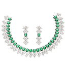 Rhodium-Plated Green American Diamonds Studded Wacky Necklace & Earrings Jewellery Set