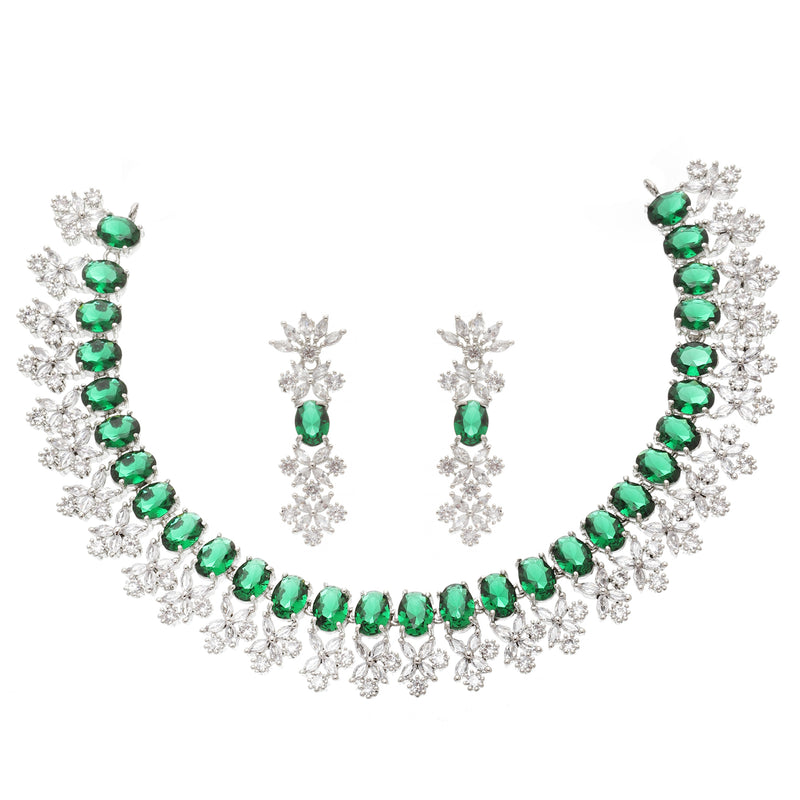 Rhodium-Plated Green American Diamonds Studded Wacky Necklace & Earrings Jewellery Set
