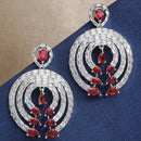 Rhodium-Plated with Silver-Tone Red & White American Diamond Studded Circular Contemporary Drop Earrings