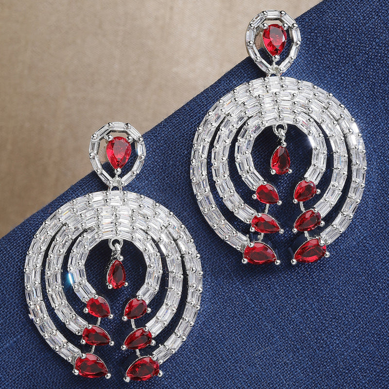 Rhodium-Plated with Silver-Tone Red & White American Diamond Studded Circular Contemporary Drop Earrings