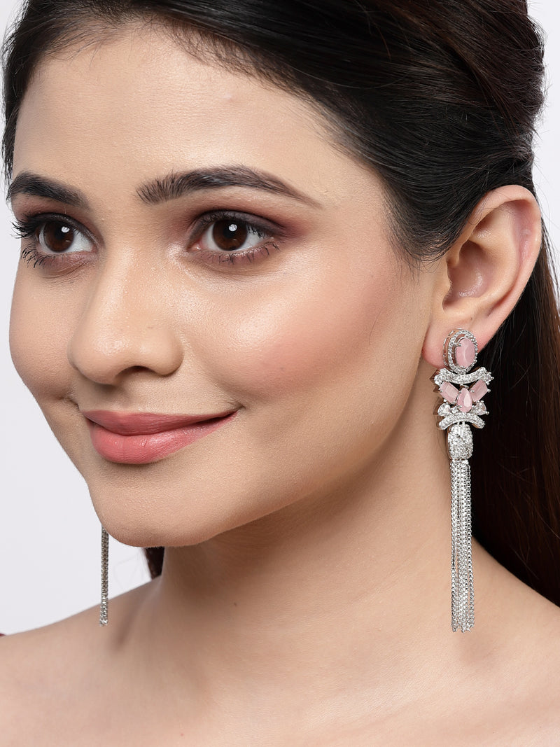 Rhodium-Plated With Silver-Toned American Diamond Studded Drop Earrings