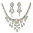 Rhodium Plated Silver Toned Teardrop Shaped Pink & White American Diamond Studded Jewellery Set