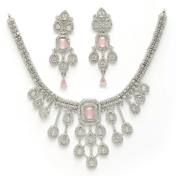 Rhodium Plated Silver Toned Teardrop Shaped Pink & White American Diamond Studded Jewellery Set