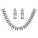 Rhodium Plated Silver Toned Navy Blue & White American Diamond Studded Jewellery Set