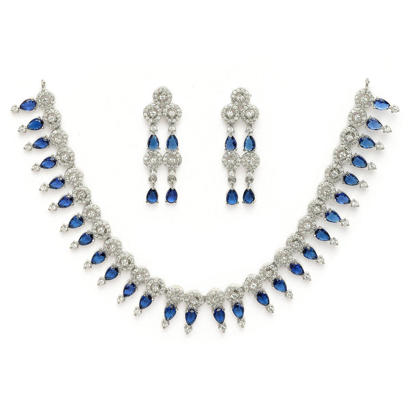 Rhodium Plated Silver Toned Navy Blue & White American Diamond Studded Jewellery Set