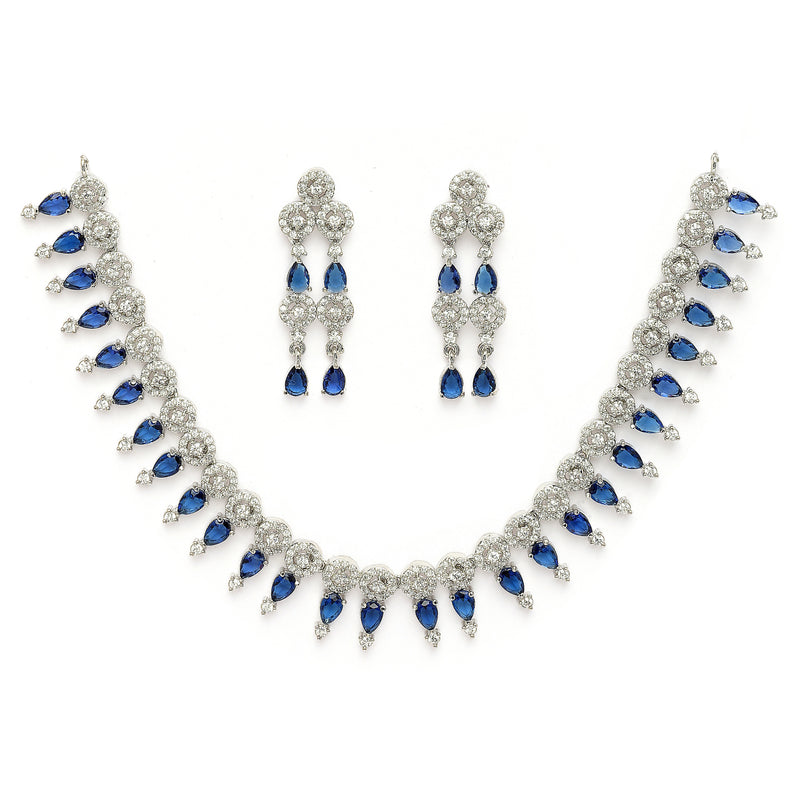 Rhodium Plated Silver Toned Navy Blue & White American Diamond Studded Jewellery Set