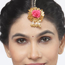 Gold-Plated Gota Patti Flower Maang Tikka Pack Of 5 Girls and Women Floral Jewellery (Red Brown)