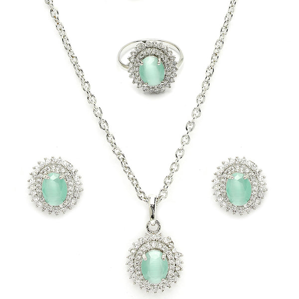 Rhodium Plated Silver Toned Oval Shaped Sea Blue American Diamond Studded Pendant Combo With Ring