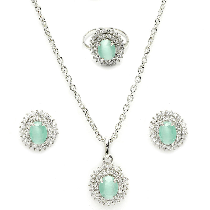 Rhodium Plated Silver Toned Oval Shaped Sea Blue American Diamond Studded Pendant Combo With Ring