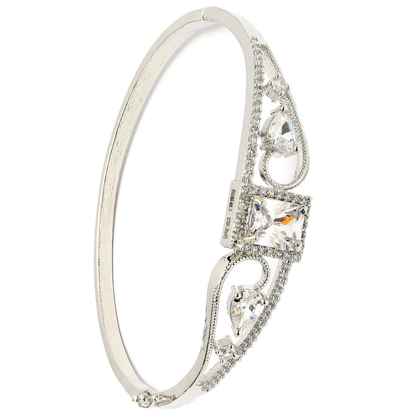 Rhodium Plated Silver Toned White Square & Teardrop American Diamond Studded Cuff Bracelet