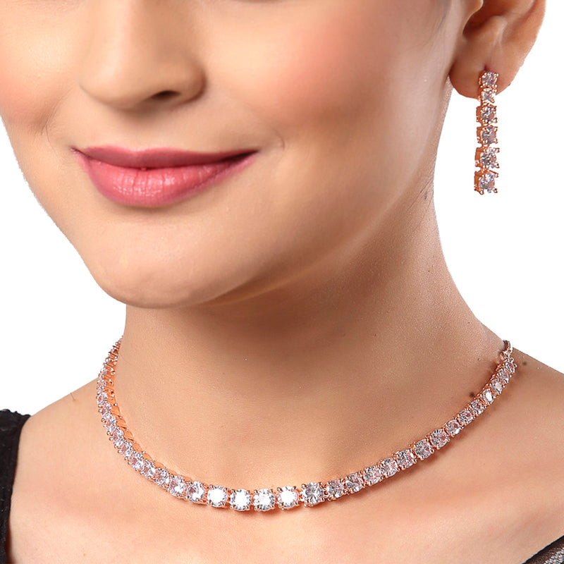 Rose-Tone with Gold-Plated White American Diamond Studded Jewellery Set