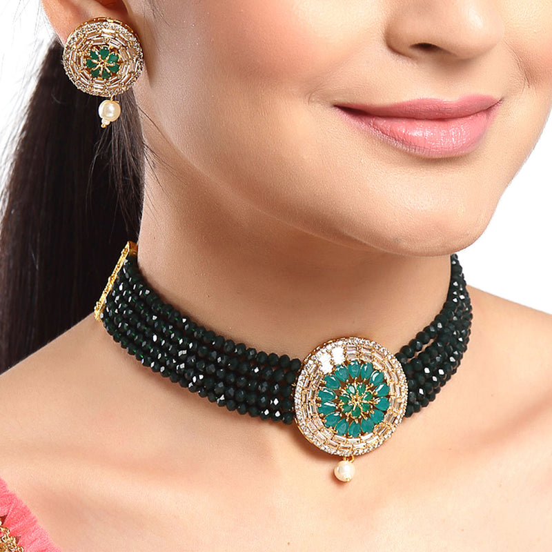 Green Multistrand Choker Gold-Plated Studded with American Diamond Jewellery Set
