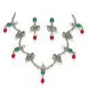 Oxidized Plated with Red & Sea Green with Pearl Stone Studded Jewellery Set