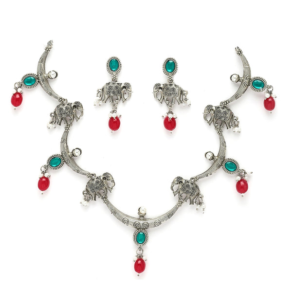 Oxidized Plated with Red & Sea Green with Pearl Stone Studded Jewellery Set