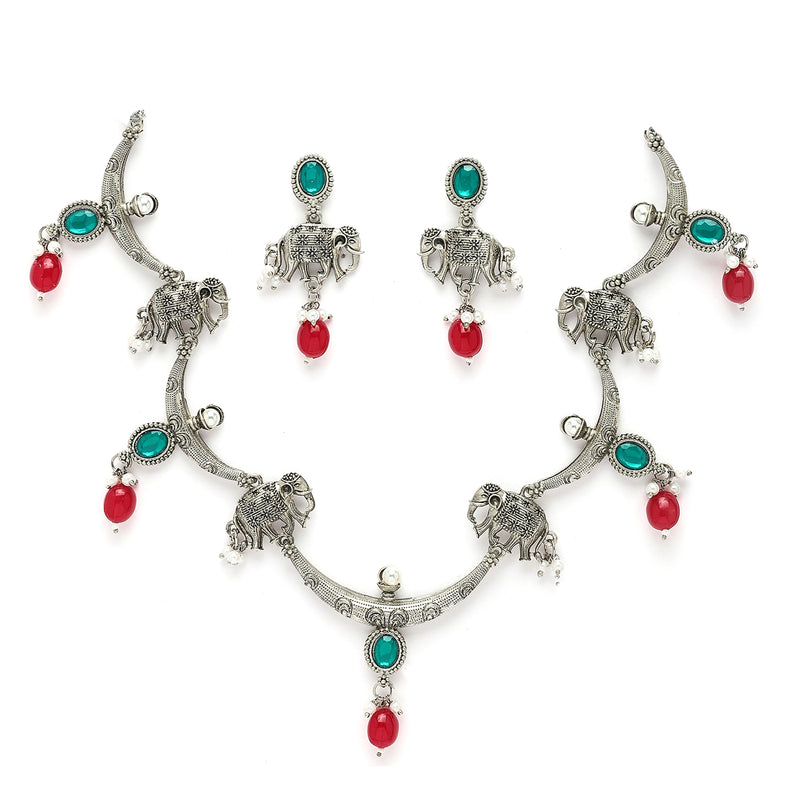 Oxidized Plated with Red & Sea Green with Pearl Stone Studded Jewellery Set