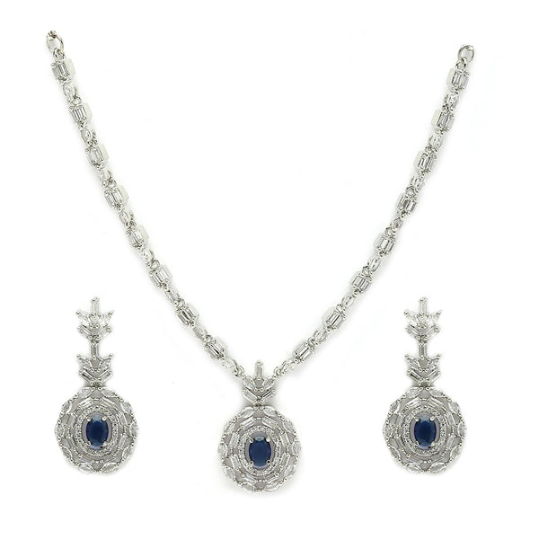 Rhodium Plated Classy Design Blue & white American Diamond Stones Studded Jewellery Set