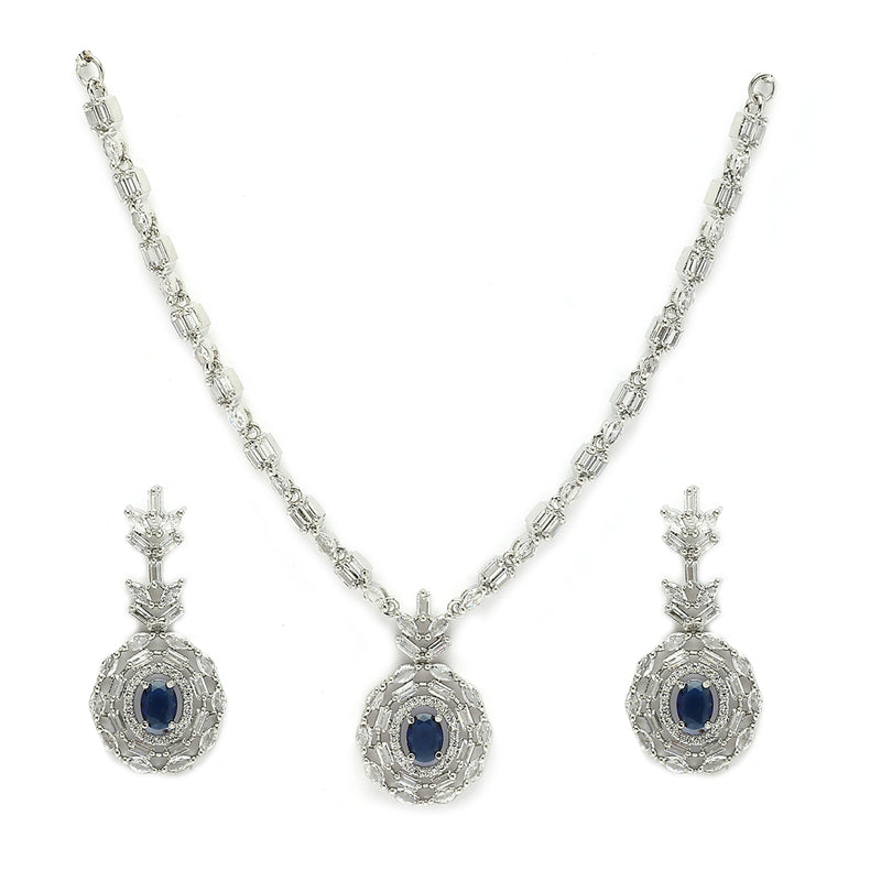 Rhodium Plated Classy Design Blue & white American Diamond Stones Studded Jewellery Set