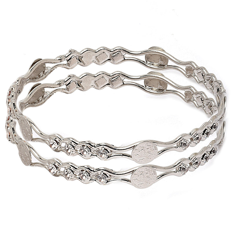 Oxidised Silver-Plated White American Diamond studded Temple Coin Bangles Jewellery Set (Set Of 2)
