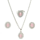 Rhodium Plated Silver Toned Oval Shaped Pink American Diamond Studded Pendant Combo With Ring