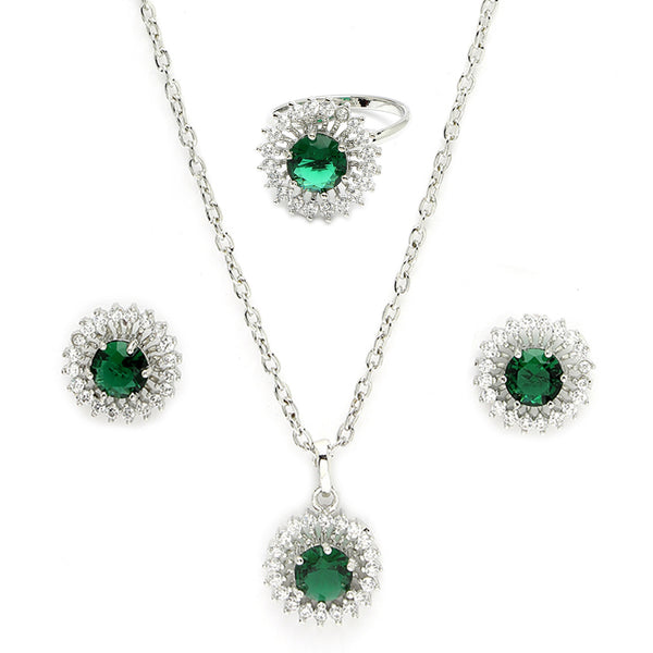 Rhodium Plated Silver Toned Emerald Green American Diamond Studded Pendant Combo With Ring